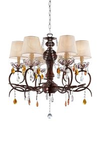 Brown And White Shaded Four Light Metal and Crystal Glass Chandelier With White Shades