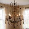 Brown Candle Style Six Light Wood Chandelier