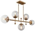 Brass Kitchen Island Five Light Metal and Transparent Glass Chandelier With Clear Shades