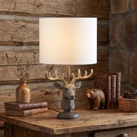 18" Antiqued Bronzed Stag Bust Table Lamp With White Drum Shade