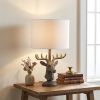 18" Antiqued Bronzed Stag Bust Table Lamp With White Drum Shade