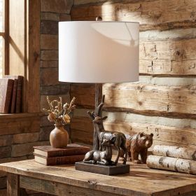 20" Bronze Mom and Baby Deer Table Lamp With White Drum Shade