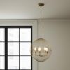 Gold Caged Six Light Metal and Glass Dimmable Chandelier With Gold Shades