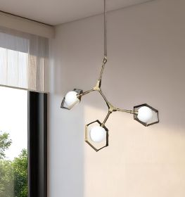 Champagne Unique Statement Three Light Metal and Glass Dimmable Chandelier With White Shades