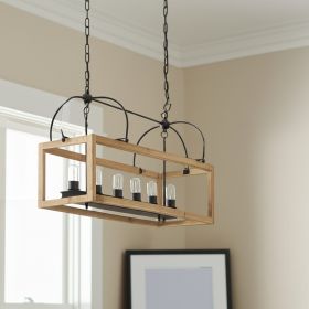 Natural And Black Candle Style Six Light Wood and Metal Dimmable Chandelier