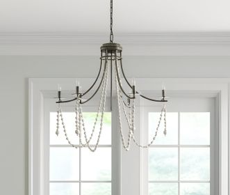 White And Silver Candle Style Six Light Metal and Beads Dimmable Chandelier