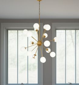 Gold Sputnik Multi Light Frosted Metal and Glass Dimmable Chandelier With White Shades