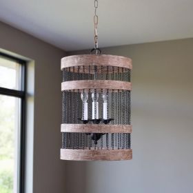 Black And Natural Wood and Metal Cylinder Three Light Dimmable Chandelier