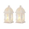 Set of Two 8" White Metal And Glass Pierced Scrollwork Lantern Lamps
