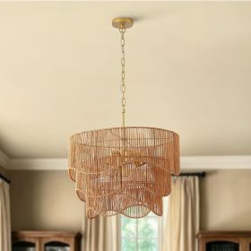 Handwoven Paper Rattan Boho Chandelier with 7-Light E26 Base, 60cm Adjustable Height Wave Pendant Light for Living Room, Sloped Ceiling Compatibl