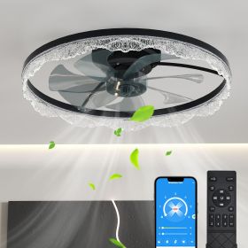 24" Decorative LED Ceiling Fan Light – Modern Flush Mount with Acrylic Ring, Hidden Blades, Remote Control