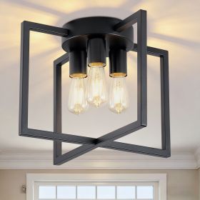 3-Light Ceiling Light Fixture, Black Semi-Flush Mount Chandelier with Geometric Metal Shade