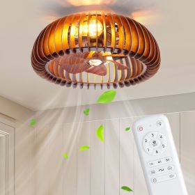 20" Caged Ceiling Fan with Lights, Wood Flush Mount Fan, 7 Blades, 4 E26 Bulb Sockets (No Bulbs), 6 Speeds Reversible DC Motor