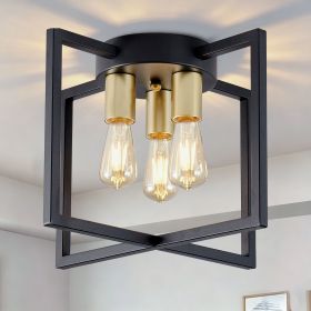 3-Light Ceiling Light Fixture, Black and Gold Semi-Flush Mount Chandelier with Geometric Metal Shade
