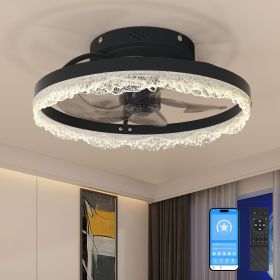 16" Decorative LED Ceiling Fan Light – Modern Flush Mount with Crystal-Inspired Acrylic Ring, Hidden Blades, Remote Control