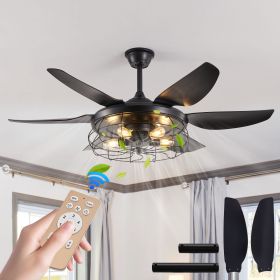 52" Modern Black Ceiling Fan with Light, 6 Fan Blades and Industrial Cage Design, Adjustable Speed for Living Room, Bedroom