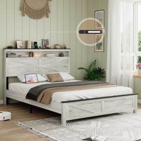 Fully floating bed frame with LED lights and charging station cushion platform bed frame, large bed, with headboard and hidden storage space