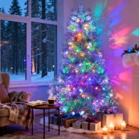 6FT Sliver Pre-Lit Artificial Christmas Tree, Hinged Full Tree with Metal Stand, 800 Branch Tips, 300 LED Lights,11 Lighting Modes (Color: as Pic)