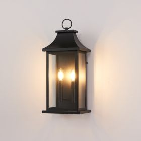Dusk to Dawn Outdoor Wall Lantern 2-Light, 22.2" Large Outside Wall Sconce, Modern Black Wall Light Fixture with Glass, Waterproof Exterior Lamp (Option: Black)