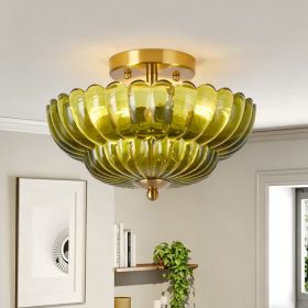 11.8 inch Kitchen Ceiling Light, 3-Light Semi Flush Mount Ceiling Lamp with Flower Glass, Vintage Close to Ceiling Light Fixtures for Bathroom Be (Option: Green)
